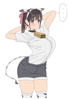 ... 1girl 5tonari animal_ear_hairband animal_ears animal_print arms_behind_head bell black_collar black_hair blush borrowed_character breasts button_gap closed_mouth collar collared_shirt commentary cow_ear_hairband cow_ears cow_girl cow_horns cow_print cow_print_thighhighs cow_tail cowbell cowboy_shot denim denim_shorts dress_shirt earrings expressionless fake_animal_ears fake_horns flat_color futao_miruku_(riki) grey_shorts hair_ribbon hairband highres hoop_earrings horn_hairband horns jewelry large_breasts long_hair looking_at_viewer mole mole_under_eye neck_bell original pink_eyes print_thighhighs red_ribbon ribbon shirt shirt_tucked_in short_shorts short_sleeves shorts sidelocks simple_background skindentation solo spoken_ellipsis standing tail thighhighs twintails white_background white_hairband white_shirt wing_collar wristband