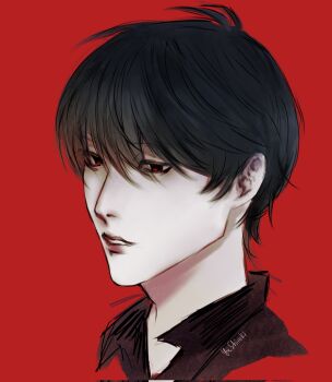Rule 34 | 1boy, aegyo sal, black eyes, black hair, black shirt, collared shirt, commentary, cropped shoulders, english commentary, highres, kim dokja, looking to the side, male focus, omniscient reader's viewpoint, parted lips, portrait, shirt, short hair, solo, yu shiro ki