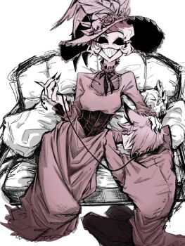 1boy 1girl alastor_(hazbin_hotel) black_pants collared_shirt commentary dress hazbin_hotel hellaverse jambalay_99 long_dress pants pink_shirt red_hair rosie_(hazbin_hotel) sharp_teeth shirt short_hair symbol-only_commentary teeth white_dress white_hair