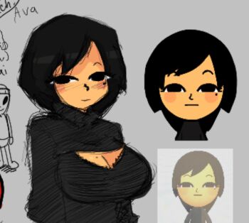 1girl :| black_eyes black_hair blank_eyes blank_stare blush breasts cleavage closed_mouth gazoogaloo mii_(nintendo) mole mole_under_eye nintendo short_hair upper_body