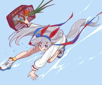 Rule 34 | 1girl, animal ears, bell pepper, blue eyes, blue hairband, blue shorts, closed mouth, drink carton, ear covers, electricity, giragira egao, grey hair, grey tail, hair between eyes, hairband, headband, holding, horse ears, horse girl, horse tail, long hair, long sleeves, milk carton, multicolored hairband, red headband, running, shirt, shoes, shopping basket, shorts, socks, solo, striped clothes, striped hairband, sweater, tail, tamamo cross (casual) (umamusume), tamamo cross (umamusume), tongue, tongue out, two-tone hairband, umamusume, very long hair, white shirt, white sweater, yellow socks