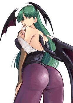 1girl bare_shoulders bat_wings black_leotard breasts bridal_gauntlets darkstalkers demon_girl fur-trimmed_leotard fur_trim green_eyes green_hair head_wings highleg highleg_leotard highres large_breasts leotard long_hair morrigan_aensland off-shoulder_leotard pantyhose purple_pantyhose purple_wings tikuwabu_33 wings
