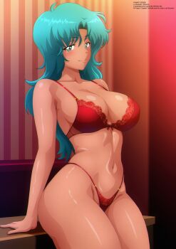 Rule 34 | 1girl, aqua eyes, aqua hair, arm support, blush, bow, bow bra, bra, breasts, captain firehawk and the laser love situation, cleavage, collarbone, floral print, highleg, highleg panties, lace, lace-trimmed bra, lace trim, large breasts, long hair, looking at viewer, navel, o-ring, o-ring bottom, o-ring bra, o-ring panties, panties, print bra, print panties, red bow, red bra, red panties, shannon (captain firehawk), smile, standing, underwear, zel-sama