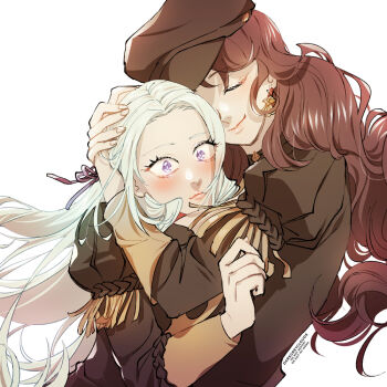 2girls artist_name blush brown_hair darkgreyclouds dorothea_arnault earrings edelgard_von_hresvelg eyelashes fire_emblem fire_emblem:_three_houses garreg_mach_monastery_uniform hair_ribbon hand_on_another&#039;s_head hat hug jewelry long_hair multiple_girls nintendo purple_eyes ribbon school_uniform silver_hair simple_background upper_body wavy_hair white_background yuri