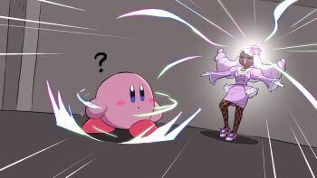 1girl ? blush_stickers closed_eyes colored_skin crossover dark-skinned_female dark_skin fascinator fishnet_pantyhose fishnets gloves jacinthe_(pokemon) kirby kirby_(series) looking_at_another mega_evolution mega_stone nintendo pantyhose pink_hair pink_skin pokemon pokemon_legends:_z-a shadow_(modeler3622) standing white_gloves