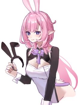 1girl alternate_costume animal_ears blue_eyes breasts cleavage cropped_torso detached_sleeves elf elysia_(honkai_impact) elysia_(miss_pink_elf)_(honkai_impact) fake_animal_ears hair_between_eyes highleg highleg_leotard holding_ears honkai_(series) honkai_impact_3rd large_breasts leotard long_hair long_sleeves looking_at_viewer pink_hair pink_pupils pointy_ears qing231 rabbit_ears smile solo white_leotard wrist_cuffs