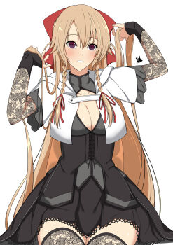 1girl absurdres arm_up artist_name assault_lily black_skirt black_thighhighs blush bow braid breasts brown_hair cleavage cleavage_cutout clothing_cutout commentary_request cowboy_shot cropped_jacket cross-laced_clothes floral_print frilled_sleeves frills grey_shirt hair_between_eyes hair_bow hair_lift hair_ribbon hand_up highres jacket lace lace_sleeves lace_thighhighs long_hair long_sleeves looking_at_viewer medium_breasts miniskirt monica_rossi open_clothes open_jacket parted_lips pleated_skirt print_sleeves print_thighhighs purple_eyes red_bow red_ribbon revision ribbon senri_(senri03151221) shirt short_sleeves side_braids signature simple_background sitting skirt solo thighhighs twin_braids underbust very_long_hair white_background white_jacket wide_sleeves