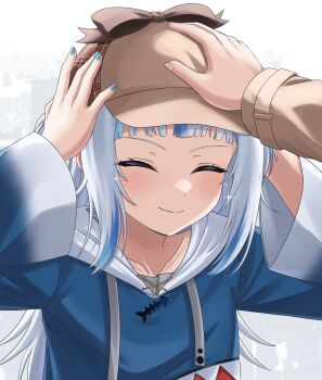 2girls animal_costume blue_nails blush closed_eyes closed_mouth commentary female_pov gardavwar gawr_gura gawr_gura_(1st_costume) hat highres hololive hololive_english long_sleeves multicolored_hair multiple_girls pov pov_hands romaji_commentary shark_costume shark_girl tears virtual_youtuber watson_amelia watson_amelia_(1st_costume)