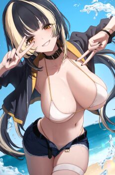 1girl beach belt belt_collar bikini bikini_bottom_under_shorts bikini_under_clothes black_belt black_hair black_jacket black_nails blonde_hair blue_shorts blue_sky bracelet breasts collar commentary cowboy_shot cutoffs day denim denim_shorts double_v english_commentary floating_hair grin highleg highleg_bikini highres jacket jdnyang jewelry large_breasts long_hair looking_at_viewer multicolored_hair nail_polish navel ocean open_clothes open_jacket open_shorts original outdoors shore short_shorts shorts skindentation sky smile solo standing streaked_hair swimsuit thigh_strap two-tone_hair v very_long_hair water white_bikini yellow_eyes