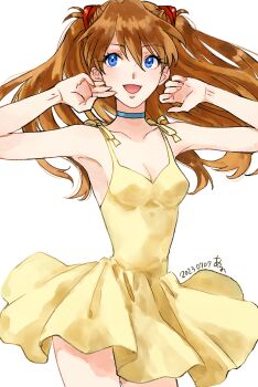 1girl :d absurdres arano_nknk blue_choker blue_eyes breasts brown_hair choker cleavage commentary_request cowboy_shot dated dress hands_up highres interface_headset_(evangelion) lipstick long_hair makeup mecha_pilot_suit medium_breasts neon_genesis_evangelion open_mouth plugsuit_(evangelion) simple_background smile solo souryuu_asuka_langley standing sundress two_side_up white_background yellow_dress