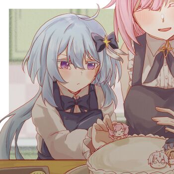 Rule 34 | 2girls, ahoge, apron, black apron, blue apron, blue hair, cake, cake decoration, commentary request, elysia (golden courtyard) (honkai impact), elysia (honkai impact), food, fu hua, griseo, griseo (starry impression), h3 hk, highres, holding, honkai (series), honkai impact 3rd, kevin kaslana, long hair, multiple girls, official alternate costume, pardofelis, pink hair, purple eyes, shirt, smile, star (symbol), star in eye, symbol in eye, very long hair, white shirt