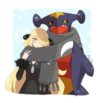 Rule 34 | 1girl, 1other, black jacket, blonde hair, blue background, cynthia (pokemon), garchomp, gen 4 pokemon, green eyes, hair ornament, hair over one eye, highres, jacket, long hair, looking at another, mijukuma, nintendo, pokemon, pokemon (creature), pokemon dppt, scarf, simple background, upper body
