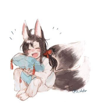1boy :d ^_^ age_regression aged_down ahoge alternate_costume alternate_hairstyle animal_ear_fluff animal_ears barefoot black_hair blush bow brown_hair chinese_clothes closed_eyes facing_viewer fang fox_boy fox_ears fox_tail full_body hair_bow hair_ribbon hanfu happy highres holding hugging_object kemonomimi_mode kitsune konno_shimako kyuubi long_hair long_sleeves low_ponytail male_focus modao_zushi multiple_tails notice_lines open_mouth pajamas pants pillow pillow_hug ponytail red_bow red_ribbon ribbon simple_background sitting smile solo tail tassel twitter_username wei_wuxian white_background white_hanfu white_pants