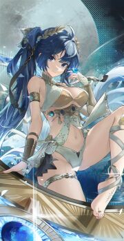 absurdres ahoge ancient_greek_clothes armlet bare_shoulders barefoot black_skirt blue_eyes blue_hair breasts bridal_gauntlets chari-bre_(meme) chromatic_aberration closed_mouth commentary_request dacha00001 full_moon gold_bra greco-roman_clothes hair_belt hand_up highres iuno_(wuthering_waves) jewelry laurel_crown leg_wrap looking_at_viewer making-of_available medium_breasts meme moon navel orb showgirl_skirt single_bridal_gauntlet skirt smile stomach tacet_mark_(wuthering_waves) thighlet thighs toe_ring twintails vambraces white_bridal_gauntlets wuthering_waves