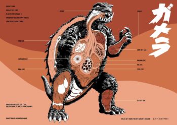 anatomy arrow_films arrow_video biology bone brain chart coal cross-section daiei_motion_picture derivative_work diagram elemental_(creature) energy english_text fire fire_elemental gamera gamera,_the_giant_monster gamera_(series) giant giant_monster intestines japanese_text jolyon_yates kaiju lava lungs mixed-language_text monster multiple_stomachs no_humans official_art orange_background organs plasma science science_fiction shell simple_background stomach tail turtle turtle_shell tusks uranium x-ray