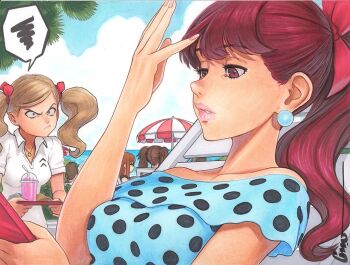 1boy 4girls adjusting_hair annoyed artist_name bare_shoulders beach beach_chair beach_umbrella blonde_hair blue_eyes blue_shirt blue_sky bow breasts brown_hair cloud cloudy_sky constricted_pupils cup drink drinking_straw earrings holding holding_phone holding_tray in-franchise_crossover jewelry kujikawa_rise lips long_hair medium_breasts multicolored_umbrella multiple_girls necklace omar_dogan orange_hair persona persona_4 persona_5 persona_5_the_royal phone polka_dot polka_dot_shirt ponytail red_bow red_eyes red_hair sakura_futaba school_uniform shirt shuujin_academy_school_uniform sky speech_bubble takamaki_anne tray tree twintails umbrella white_shirt wide-eyed yoshizawa_kasumi
