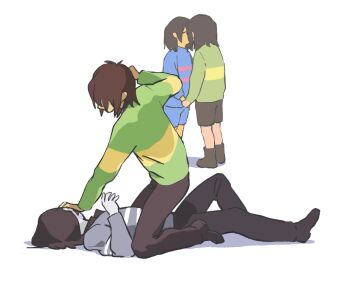 Rule 34 | 4others, ambiguous gender, blue shorts, blue sweater, bob cut, brown hair, brown pants, brown shorts, chara (undertale), closed eyes, commentary, deltarune, faceless, fighting, frisk (undertale), green sweater, grey sweater, hand on another's head, highres, kiss, kris (deltarune), lantern madoyoi, multiple others, pants, shorts, sitting, sitting on person, sweater, symbol-only commentary, undertale, utdr (toby fox), vessel (deltarune), white background