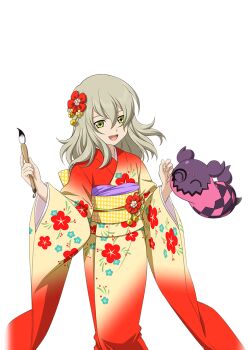 Rule 34 | 1girl, artist request, blonde hair, cowboy shot, creature, doll, elize lutus, elize lutus (kimono), floral print, floral print kimono, flower, furisode, game cg, gradient clothes, gradient kimono, green eyes, hair flower, hair ornament, holding, holding paintbrush, japanese clothes, kimono, looking at creature, medium hair, official alternate costume, official art, open mouth, paintbrush, print kimono, red flower, red kimono, solo, tales of (series), tales of asteria, tales of xillia, teepo (tales), third-party source, transparent background, yellow flower, yellow kimono