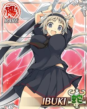 Rule 34 | 1girl, arms up, black hairband, black necktie, black sailor collar, black shirt, black skirt, border, breasts, brown hair, card (medium), character name, game cg, grey eyes, hairband, hebijo academy school uniform, holding, holding scissors, holding weapon, huge weapon, ibuki (senran kagura), large breasts, long hair, looking at viewer, looking down, low twintails, necktie, official art, open mouth, pleated skirt, sailor collar, school uniform, scissors, senran kagura, senran kagura new wave, shirt, skirt, smile, solo, third-party source, twintails, weapon