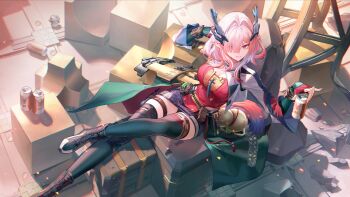 1girl arknights arknights:_endfield belt black_skirt blue_horns boots breasts can cleavage cropped_jacket crossed_legs cuffs demon_girl demon_horns drink_can elbow_rest eyes_visible_through_hair foot_out_of_frame from_above game_asset green_thighhighs hair_intakes hair_over_one_eye hand_wraps handcuffs highres holding holding_can horns jacket lace-up_boots large_breasts medium_hair mi_fu_(arknights) miniskirt mole mole_on_breast mole_under_eye official_art one_eye_covered outstretched_leg parted_bangs pink_hair pointy_ears red_eyes red_shirt shirt sidelocks sitting skirt solo strapless strapless_shirt tail tassel thigh_belt thigh_strap thighhighs third-party_source u-suke_(supertie) waist_cape white_jacket zettai_ryouiki