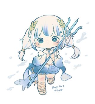 1girl artist_name ayu_(mog) blue_dress blue_eyes blue_hair blush chibi chibi_only closed_mouth commentary commentary_request dress english_commentary fins fish_tail full_body gawr_gura gawr_gura_(party_dress) gladiator_sandals gradient_clothes gradient_dress holding holding_polearm holding_weapon hololive hololive_english jewel_under_eye long_hair long_sleeves mixed-language_commentary multicolored_hair polearm romaji_commentary sandals shark_girl shark_tail simple_background solo standing streaked_hair tail trident twintails two-tone_hair virtual_youtuber weapon white_background white_hair wide_sleeves