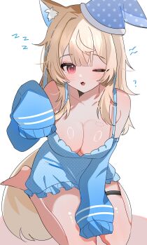1girl :o ? absurdres animal_ear_fluff animal_ears bite_mark bite_mark_on_breast blonde_hair blue_chemise blue_hair blue_hat blue_sleeves blush breasts center-flap_bangs chemise cleavage collarbone detached_sleeves double-parted_bangs fangs frilled_chemise from_above full_body fuwawa_abyssgard hand_on_own_leg hand_up hat highres hololive hololive_english large_breasts long_hair looking_at_viewer looking_up multicolored_hair no_bra one_eye_closed parted_lips polka_dot print_hat red_eyes seiza shiny_skin shusuchii simple_background sitting skin_fangs sleeveless sleeves_past_fingers sleeves_past_wrists solo star_(symbol) star_print streaked_hair thigh_strap virtual_youtuber white_background