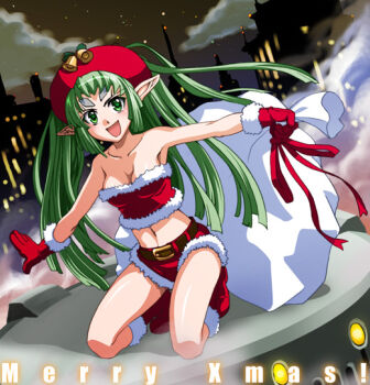 00s 1girl armpits bare_legs bell belt_buckle beret buckle christmas city_lights cityscape demonbane elsa female_focus full_body gloves green_eyes green_hair hat inue_shinsuke jingle_bell kneeling light long_hair looking_at_viewer matching_hair/eyes outstretched_arms red_gloves red_skirt santa_costume silhouette skirt solo very_long_hair