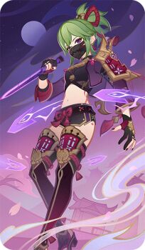 1girl bad_source black_gloves cropped_jacket falling_petals fishnet_top fishnets full_moon genshin_impact gloves green_hair holding holding_sword holding_weapon jacket kuki_shinobu long_sleeves looking_at_viewer mask medium_hair moon mouth_mask navel ninja ninja_mask official_art partially_fingerless_gloves petals purple_eyes purple_jacket short_shorts short_sword shorts solo standing stomach sword tattoo thighhighs weapon