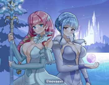 2girls artist_name blue_eyes blue_hair braid breasts cleavage cosplay covered_navel crown_braid detached_sleeves dress earrings fire_emblem fire_emblem:_three_houses fire_emblem_heroes fjorm_(fire_emblem) fjorm_(fire_emblem)_(cosplay) fjorm_(ice_tribe)_(fire_emblem) gunnthra_(fire_emblem) highres holding holding_polearm holding_weapon jewelry large_breasts long_hair looking_at_another marianne_von_edmund multiple_girls nifl_(fire_emblem) nifl_(fire_emblem)_(cosplay) nifl_(ice_tribe)_(fire_emblem) nintendo pink_hair polearm smile strapless strapless_dress upper_body weapon