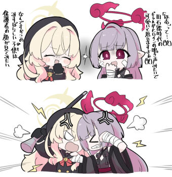 &gt;_&lt; 2girls :d ^_^ anger_vein bandaged_arm bandages bare_shoulders bell beret black_gloves black_hat black_jacket black_sailor_collar black_shirt blank_eyes blonde_hair blue_archive blush_stickers bow cane chibi clenched_teeth closed_eyes detached_sleeves emphasis_lines gloves grey_hair grey_kimono grey_sleeves hair_between_eyes hair_intakes halo hat holding holding_cane jacket japanese_clothes jingle_bell kimono lightning_bolt_symbol long_hair long_sleeves miranofuudoria multiple_girls open_clothes open_jacket open_mouth pointy_ears professor_niyaniya_(blue_archive) profile purple_eyes red_bow sailor_collar shirt shuro_(blue_archive) sleeveless sleeveless_kimono smile teeth translation_request v-shaped_eyes very_long_hair white_background wide_sleeves