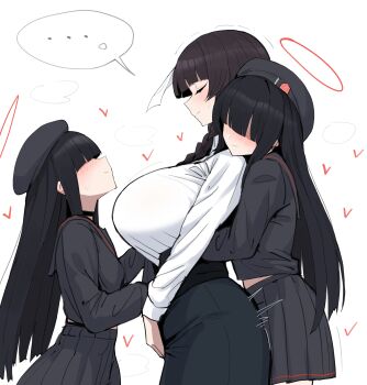 ... 3girls absurdres black_hair black_hat black_serafuku black_shirt black_skirt blue_archive blush braid breasts female_sensei_(blue_archive) halo hat heart highres hug hug_from_behind huge_breasts justice_task_force_member_(blue_archive) long_hair multiple_girls red_halo school_uniform sensei_(blue_archive) serafuku shirt simple_background skirt spoken_ellipsis white_background xipa