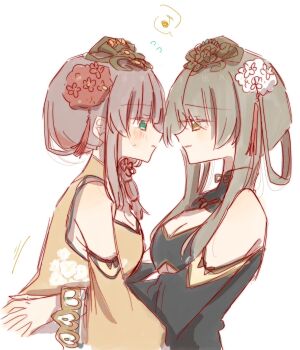 Rule 34 | 2girls, assault lily, bare shoulders, black flower, black hair, black shirt, blush, breasts, brown hair, brown shirt, chinese clothes, cleavage, cleavage cutout, clothing cutout, commentary, cropped torso, detached sleeves, eighth note, eye contact, face-to-face, floral print, flower, flying sweatdrops, from side, green eyes, hair flower, hair ornament, hair rings, highres, hug, kuo shenlin, long hair, long sleeves, looking at another, medium breasts, multiple girls, musical note, official alternate costume, official alternate hairstyle, parted lips, print shirt, profile, red flower, rui rui rui0122, shirt, sidelocks, sleeveless, sleeveless shirt, speech bubble, spoken musical note, sweatdrop, tassel, tassel hair ornament, underboob, underboob cutout, upper body, wang yujia, white flower, wide sleeves, yellow eyes, yuri