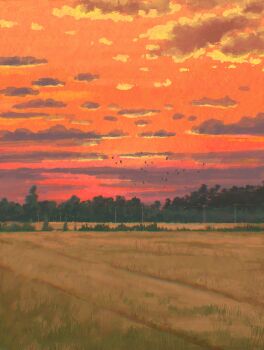 absurdres chromatic_aberration cloud cloudy_sky commentary_request evening fangpeii field flock forest highres nature no_humans orange_skirt original outdoors power_lines scenery simple_bird skirt sky sky_focus