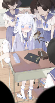 Rule 34 | absurdres, animal ears, blue eyes, cat ears, cat girl, cat tail, chinese commentary, classroom, commentary request, desk, hair ornament, hairpin, highres, multiple girls, original, ribbon, school uniform, shy, socks, stick, tail, uta (xuyansong1996), white hair, white socks
