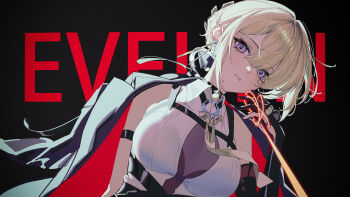 1girl absurdres arm_strap black_background black_gloves blonde_hair breasts character_name cleavage coat coat_on_shoulders evelyn_chevalier gloves highres josephbonanno9 necktie purple_eyes solo strap upper_body yellow_necktie zenless_zone_zero