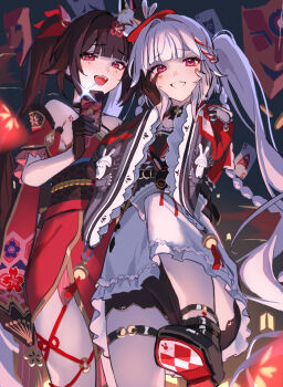 2girls bell belt_collar black_choker black_gloves black_hat black_sash black_shorts braid breasts brown_hair camera_flash cellphone choker collar colored_shoe_soles commentary_request detached_sleeves dual_persona facial_mark floating_mask floral_print flower_tattoo fox_mask frilled_sleeves frills gloves grin hair_intakes hands_on_own_cheeks hands_on_own_face hat hat_ornament highres holding holding_phone honkai:_star_rail honkai_(series) japanese_clothes jingle_bell kimono long_hair looking_at_viewer mask mask_on_head mini_hat mini_top_hat multicolored_hair multiple_girls nao_(naoooo_a) o-ring o-ring_thigh_strap obi obiage obijime open_mouth phone pink_eyes rabbit_hat_ornament red_hair red_kimono sash short_kimono shorts shoulder_tattoo small_breasts smartphone smile sparkle_(honkai:_star_rail) sparxie_(honkai:_star_rail) streaked_hair tattoo teeth thigh_strap top_hat twintails two-tone_hair white_hair wide_sleeves