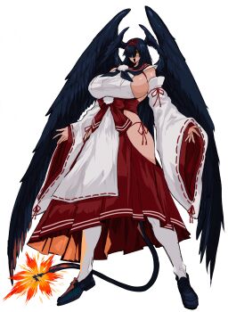 1girl :d absurdres bare_shoulders black_hair black_shoes black_wings bombergirl bow breasts clothing_cutout detached_sleeves feathered_wings full_body hair_ornament head_wings highres huge_breasts japanese_clothes karasuba_hiiro large_breasts long_hair long_sleeves monster_girl nontraditional_miko open_mouth panties pantyhose pelvic_curtain pom_pom_(clothes) puffy_sleeves ribbon sash shoes side-tie_panties sideboob simple_background skirt smile tail tall_female tengu underwear warawaranka wings