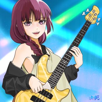 1girl bachi bass_guitar black_bow black_jacket blue_background blue_nails bocchi_the_rock! bow braid commentary_request dress green_dress guitar_strap hair_bow highres hiroi_kikuri holding holding_bass_guitar holding_instrument instrument jacket long_hair nail_polish open_mouth plectrum purple_eyes purple_hair sharp_teeth single_braid solo spaghetti_strap teeth tomoyaku zipper