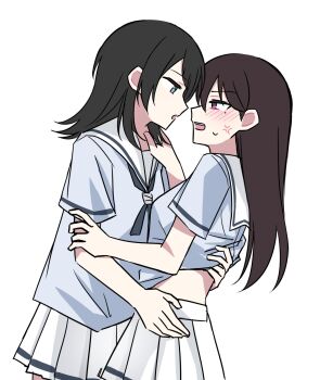 2girls anger_vein bang_dream! bang_dream!_it&#039;s_mygo!!!!! black_hair blue_eyes blue_shirt blush brown_hair clothes_lift hanasakigawa_school_uniform hand_under_clothes hand_under_shirt highres long_hair mole mole_under_eye multiple_girls open_mouth pleated_skirt purple_eyes sailor_collar school_uniform shiina_taki shirt shirt_lift simple_background skirt white_background white_sailor_collar white_skirt yahata_umiri you100086 yuri