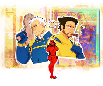 3boys ? cable_(marvel) cigar claws comic_background commentary copyright_name deadpool deadpool_&amp;_wolverine deadpool_(series) deadpool_2 diffraction_spikes english_commentary glowing glowing_eye gun hand_on_own_cheek hand_on_own_face heart highres holding holding_gun holding_weapon looking_at_viewer male_focus marvel marvel multiple_boys seadeepspace smoke smoking speech_bubble spoken_question_mark standing standing_on_one_leg superhero_costume weapon wolverine_(x-men) x-men x-men_film_series