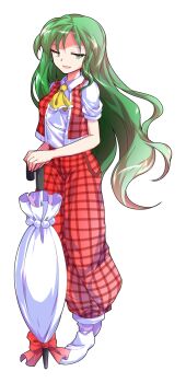 1girl alphes_(style) ascot breasts closed_umbrella collared_shirt commentary_request dairi full_body green_eyes green_hair half-closed_eyes highres holding holding_umbrella kazami_yuuka kazami_yuuka_(pc-98) large_variant_set long_hair looking_at_viewer open_clothes open_vest pants parody plaid_clothes plaid_pants plaid_vest planted planted_umbrella puffy_short_sleeves puffy_sleeves red_pants red_vest shirt short_sleeves simple_background smirk smug socks solo standing style_parody tachi-e touhou touhou_(pc-98) transparent_background umbrella variant_set very_long_hair vest white_shirt white_socks yellow_ascot
