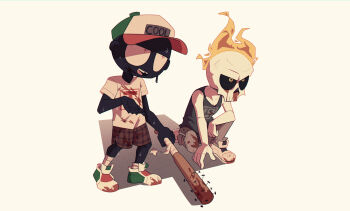 +_+ 2boys absurdres angelino_diaz artist_request baseball_bat black_sclera black_skin blood blood_on_clothes blood_on_face blood_on_shoes bloody_weapon blouse character_request colored_sclera colored_skin copyright_request fire grey_tank_top hat highres holding holding_baseball_bat male_focus multiple_boys mutafukaz nail_(hardware) nail_bat noise on_one_knee open_mouth pants shirt shoes shorts siblings simple_background skull socks standing star-shaped_pupils star_(symbol) sweat symbol-shaped_pupils tank_top twins vincent_scavo weapon white_background white_shirt white_skin yellow_eyes