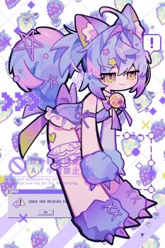 ! 1girl :3 ahoge animal_ear_fluff animal_ears animal_hands arm_strap bell bent_over blush bow bowtie closed_mouth commentary dress flat_chest food food_print frilled_thigh_strap fruit fruit_print full_body gloves hair_between_eyes hair_ornament halftone highres iridescent jitome medium_hair mid_(doa_3d) neck_bell original pastel_colors paw_gloves pink_hair pink_tail ponytail purple_bow purple_dress purple_gloves purple_hair purple_straps purple_tail single_hair_intake sleeveless smile smug solo standing star_(symbol) star_hair_ornament strawberry symbol-only_commentary tail thigh_strap wolf_ears wolf_girl wolf_tail yellow_eyes