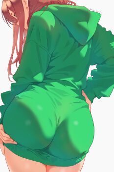 Rule 34 | 1girl, absurdres, artist name, ass, ass focus, ass support, brown hair, commentary, contrapposto, doki doki literature club, from behind, green eyes, green hoodie, hand on own hip, highres, hood, hood down, hoodie, kun kaiss, long hair, long sleeves, monika (doki doki literature club), puffy long sleeves, puffy sleeves, simple background, solo, thighs, white background