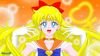 1girl aino_minako bishoujo_senshi_sailor_moon blinking blonde_hair blue_eyes highres kiyopy56 one_eye_closed sailor_venus solo sparkling stars wink