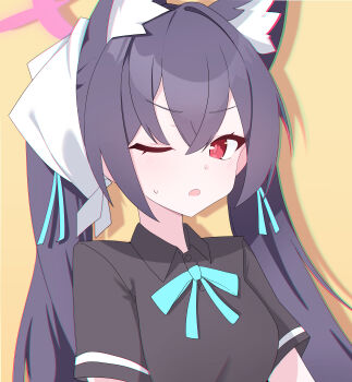 1girl absurdres animal_ears black_shirt blue_archive blue_ribbon breasts cat_ears cat_girl hair_between_eyes halo highres j_h_07 looking_at_viewer medium_breasts one_eye_closed pink_halo purple_hair red_eyes ribbon serika_(blue_archive) serika_(waitress)_(blue_archive) shirt simple_background solo yellow_background