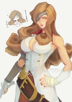 1girl absurdres bare_shoulders beatrix_(ff9) belt blush breasts brown_eyes brown_hair brown_pants chibi chibi_inset cleavage closed_mouth curly_hair eyepatch final_fantasy final_fantasy_ix fingerless_gloves gloves hand_on_own_hip highres holding holding_sword holding_weapon large_breasts long_hair looking_at_viewer loose_belt messa_mo multiple_views nail_polish pants red_lips red_nails sword vest weapon white_background white_gloves white_vest