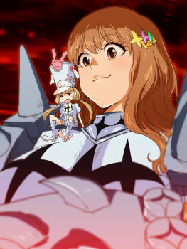 Rule 34 | 2girls, 71 (nanaichi drafting), :3, blonde hair, boots, brown hair, cosplay, futaba anzu, gamagoori ira, gamagoori ira (cosplay), gauntlets, giant, giantess, gradient background, hair ornament, hat, idolmaster, idolmaster cinderella girls, jakuzure nonon, jakuzure nonon (cosplay), kill la kill, long hair, low twintails, moroboshi kirari, multiple girls, open mouth, parody, shako cap, sitting on shoulder, stuffed animal, stuffed rabbit, stuffed toy, sweatdrop, twintails