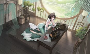 1girl absurdres ahoge architecture azur_lane black_shoes blue_eyes bonsai brown_hair chinese_clothes dress east_asian_architecture expression_chart game_asset green_dress high_heels highres hwah_jah_(as_lustrous_as_lacquer)_(azur_lane) hwah_jah_(azur_lane) long_dress non-web_source official_alternate_costume official_art shoes short_hair solo