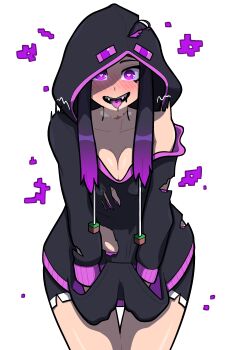 1girl absurdres black_hair black_hoodie blush breasts cleavage collarbone colored_tongue enderman fangs gradient_hair heart heart-shaped_pupils highres hood hoodie large_breasts long_hair long_sleeves looking_at_viewer minecraft muds multicolored_hair open_mouth personification purple_eyes purple_hair purple_tongue shiny_skin simple_background smile solo symbol-shaped_pupils teeth torn_clothes torn_hoodie two-tone_hair upper_body upper_teeth_only white_background